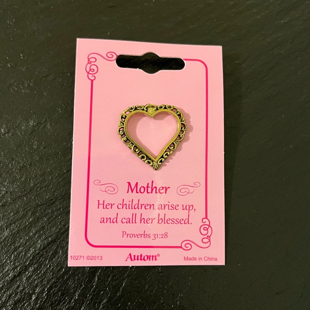 3/$20 Heart Shaped Gold Tone Pin for Mother with Bible Verse on Card